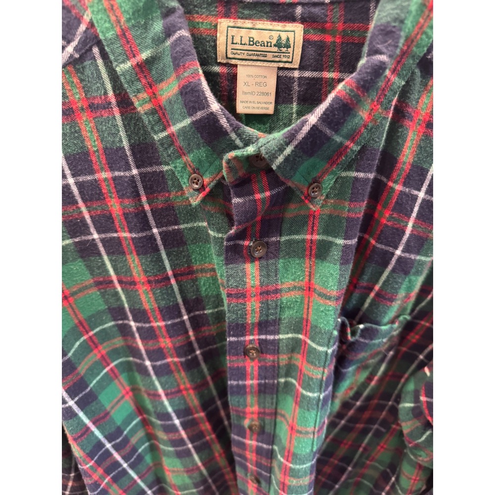 LL Bean Flannel Shirt XL Green Navy Red Plaid Cotton Button Down